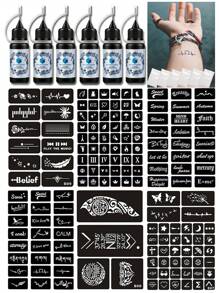 12 件装指甲花纹身模板和染料套装（6 个 A4 尺寸纹身模板 + 6 瓶纹身指甲花染料）男女各式设计，半永久性手指、手腕、肩膀、颈部、锁骨身体彩绘，防水临时纹身模板套装 - 黑色 - 查看 2