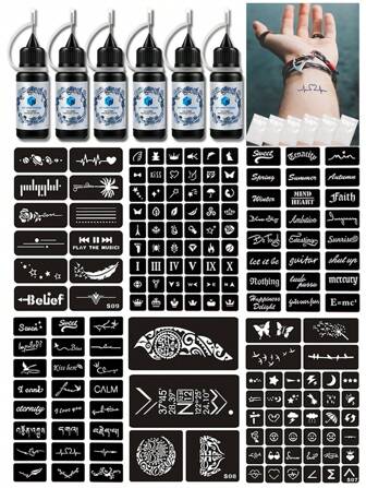 Set de 12 piezas que incluye 6 plantillas de tatuaje de henna A4 + 6 botellas de tinte de henna para tatuajes. Diseños surtidos para hombres y mujeres. Tatuajes temporales semipermanentes para dedos, muñecas, hombros, cuello y clavículas. Set de plantillas de tatuaje temporal a prueba de agua.