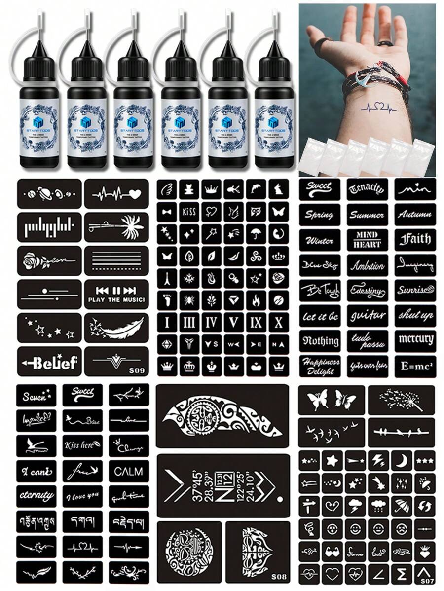 12 件装指甲花纹身模板和染料套装（6 个 A4 尺寸纹身模板 + 6 瓶纹身指甲花染料）男女各式设计，半永久性手指、手腕、肩膀、颈部、锁骨身体彩绘，防水临时纹身模板套装