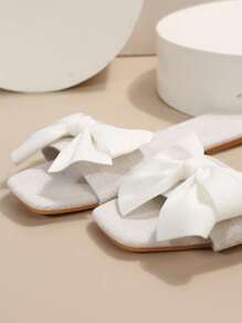 Women Flat Sandals Linen Bow Slip-On Comfortable Casual Vacation Flat Shoes - White - View 4