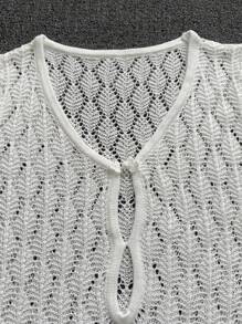 Women's V-Neck Sheer Mesh Hollow Out Tie-Knot Button Crochet Long Sleeve Cover Up, Sexy Solid Fitted Mini Knit Beach Bikini Dress, Spring/Autumn - White - View 10