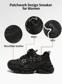 somiliss 1 双 2025 春季新款运动风格防滑女士休闲运动鞋，前系带超纤皮革网眼透气舒适跑步鞋，时尚百搭 7 厘米厚底星形图案户外步行鞋，黑色