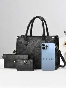 3-Piece Set: Crocodile Pattern Faux Leather Luxury Handbag, Elegant Large Capacity Fashion Handbag, Includes Shoulder Bag And Clutch. Suitable For Travel, Shopping, Commuting. New Stylish Women's Tote, Shoulder, Cross-Body Bag, Versatile & Spacious For Back To School Season