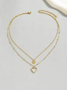 LIEBEIRIS 1pc 18K Gold Plated Hollow Heart Layered Stainless Steel Necklace, Suitable For Women's Daily Wear And Gift