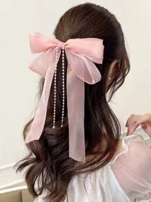 1件女士白色超长丝带、网纱、蝴蝶结、珍珠、流苏发夹，背面装饰甜美可爱，优雅高端时尚发饰，适合日常佩戴，可爱情人节礼物，发夹、蝴蝶结、发饰、头饰 - 白色 - 查看 2