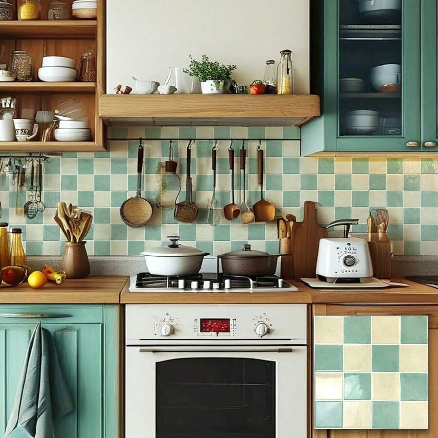 5/15pcs 10.5 Inch * 10.5 Inch 3d Checkerboard Grid Shape Drip Adhesive Self Adhesive Wall Sticker, Kitchen Tile Self Adhesive Backsplash, Waterproof Oil And Splash Resistant Suitable For Kitchen, Bathroom, Wall Home Improvement Decoration Multi-Color Available! - Mint Green - View 1