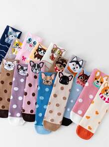 1 Pair/5 Pairs/10 Pairs/15 Pairs Multi-Color New Cute Puppy Cat Heart Dot Breathable Fashion Mid-Calf Short Socks, Suitable For Everyday Wear - Multicolor - View 5