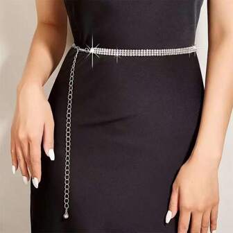 1 件时尚女士三排水钻装饰简约腰链，适合日常佩戴新品