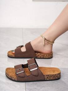 女士深棕色双带金属扣舒适皮革和软木平底凉鞋 - 巧克力棕 - 查看 3