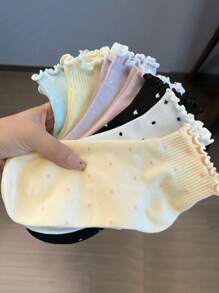 7 Pairs Random Women's Sweet Ruffle Trim Polka Dot Socks, JK Style Fashion, Comfortable & Breathable Short Tube Socks