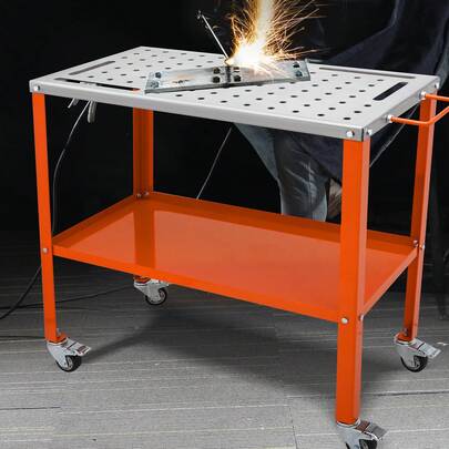 SKYSHALO Welding Table, Load Capacity Steel Welding Thick Industrial Folding Workbench Table On Wheels, Portable Work Bench With Braking Lockable Casters, Tool Slots, Fixture Holes, Tool Tray, Adjustable Height, Retractable Guide Rails, Adjustable Feet