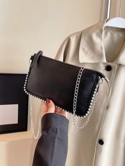 Sac bandoulière croisé vintage pour femmes avec motif de patchwork de chaîne de perles, texture grain d'écorce de couleur unie, sac enveloppe pour le travail, motif de jeu de carré, conception de niche de sac croisé à chaîne dur, sac à main pour femme pour le shopping