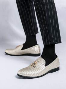 Men's Pointed Toe Formal Party Fringe Leather Loafers - Gold - View 3