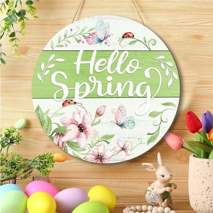 1Pc Welcome Spring Wooden Door Sign Flower Butterfly Wall Hanging Sign For Spring Farmhouse Home Decor,Round Shape Spring Wood Wall Hanging Plaque Sign For Spring Season Theme Party Outdoor Indoor Decorations - Multicolor - View 1