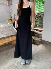 春夏女士休闲简约时尚撞色露背交叉吊带针织连衣裙 - 黑色 - 查看 3