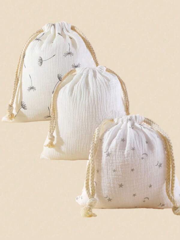 3pcs Cartoon Print Gauze Infant Diaper Storage Bags, Drawstring Pouch