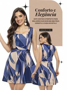 Blue Printed Dress With Pleated Skirt And Square Neckline - Blue - View 4