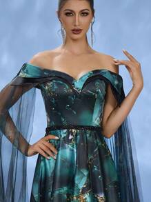 DELLA COUTURE Royal And Glamorous Dark Green Off The Shoulder Train Evening Gown, Wedding Guest Dress ​ Exquisite Floral Print Hand-Embroidered Beads Luxury Formal Wear For Weddings, Galas And Banquets Elegant Romantic Women's Party Dress Summer Collection - Dark Green - View 4