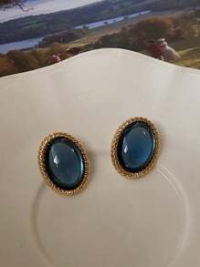 Một đôi Của Retro Triều đình Hoa tai Dịu dàng Và Thanh lịch Hình bầu dục Ngọc bích Đồ cổ Trụ - Xanh đậm - Xem 1