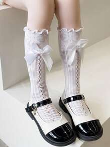 3 Pairs Girls Princess Lace Ruffle Knee High Socks With Bow, Children Mid-Calf Socks, Size 3-12Y