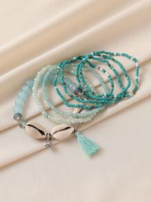 Set de 7 piezas de pulseras con borlas de cuentas de concha y resina con estilo bohemio, adecuado para mujer en la playa, vacaciones, uso casual, bar - Azul - Ver 2