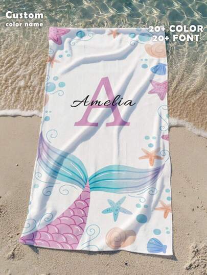 1PC Customized Ocean Beach Towels, Mermaid Fishtail Beach Towel, Custom Name Beach Towel, Personalized Girls Beach Towel, Custom Beach Towel For Girls, Mermaid Beach Towel, Perfect For Outdoor Beach Travel Swimming Gym Yoga, Beach Accessories, Custom Beach Towel For Friends, Multiple Sizes Of Beach Towels To Choose From, Multi-Functional, Reusable, Easy To Clean, Anti-Mold, Breathable, Ideal Gifts For Him, Ideal Gifts For Friends Home, Tea Room, For Anniversaries, For Graduation, For Weddings Summer Holiday Bathroom Decor,Slow Summer Living Beach Essentials,Customized Beach Towels,Family Moments