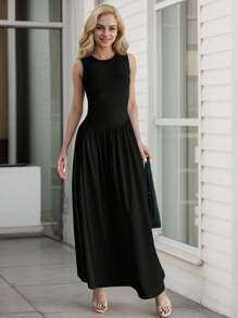 hoteel Chic Simple Design Sleeveless Tank A-Line Long Dress, Crew Neck Slim Top Wide Hem Waist Pleated, Woman Cothes - 黑色 - 查看 1