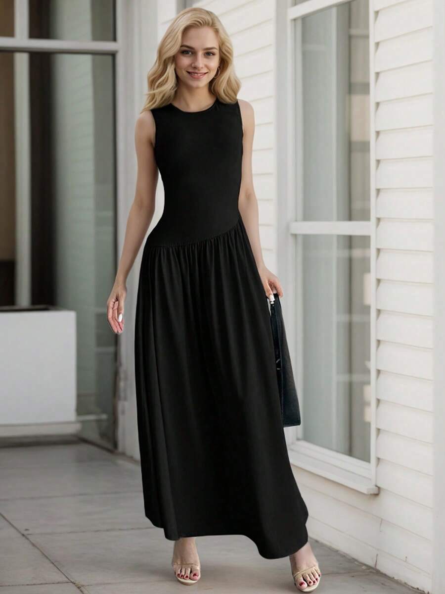 hoteel Chic Simple Design Sleeveless Tank A-Line Long Dress, Crew Neck Slim Top Wide Hem Waist Pleated, Woman Cothes - 黑色 - 查看 1