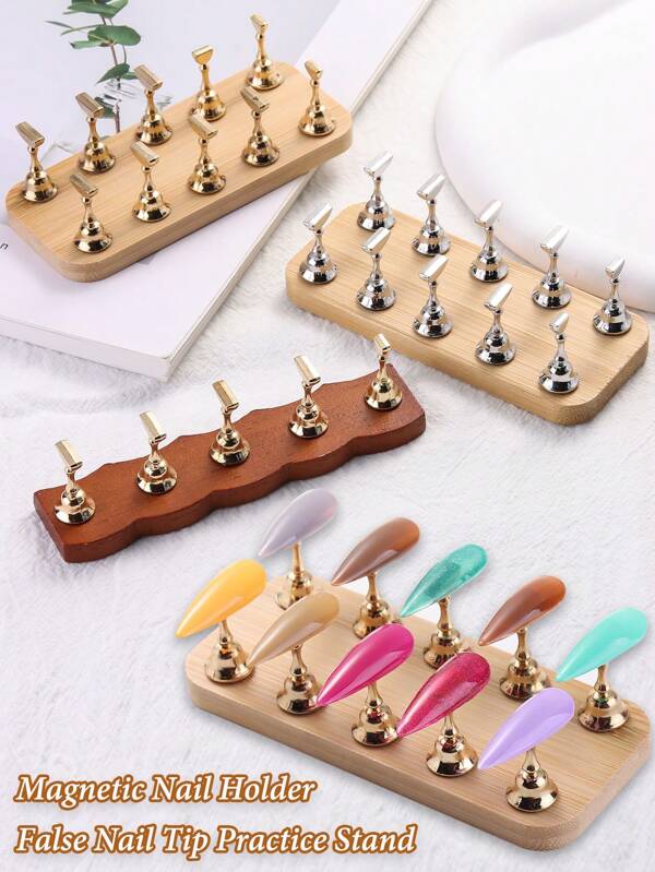 5 /10 Pieces Small Nail Bases And 1 Magnetic Wooden Base, Nail Stand For Press Nail Display, False Nail Stand, Nail Art Base Stand, Nail Painting Practice, Nail Salon Equipment And Decoration, Suitable For Storage And Display Of Nail Polish Tools In Nail Salon, Nail Salon DIY And Practice Nail Aids