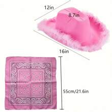 3-teiliges Set mit Vintage-Western-Kostümzubehör, inklusive flauschigem Cowboyhut mit breiter Krempe, einem Paar herzförmiger Brillen und einem Paisley-Schal, waschbare Polyesterausführung, perfekt für Halloween, Geburtstag, Junggesellenabschied, Pink/Schwarz, Abschlussball