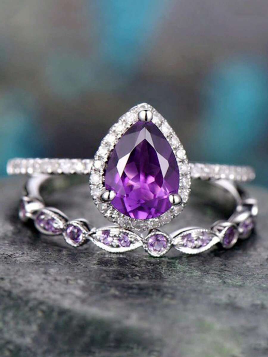 2pcs Pear-Shape Ring Ladies Jewelry For Women 925 Sterling Silver Shining Promise Ring Fine Jewelry For Wedding Prom Party