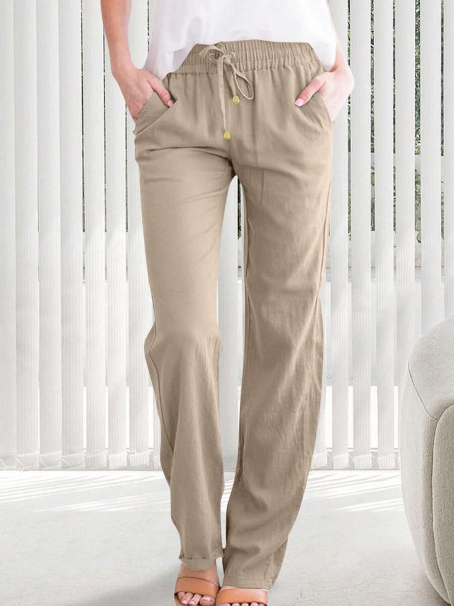 Women Elastic Waist Solid Color Pants High Rise Drawstring Straight Leg Trousers With Pockets Casual Long Trousers - Camel - View 1