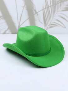 1pc Women's Fashion Green Ribbon Brim Woolen Cowboy Hat, Simple Wide Brim Sun Protection Hat For Hiking, Ideal For Performances, Parties And Unisex Versatile Style - Multicolor - View 5