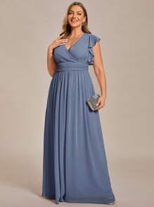 Plus V Neck Plain Backless High Waist Pleated Blue Formal Dresses For Bridesmaid - Dusty Blue - View 5