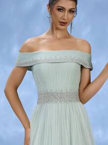 DELLA COUTURE Off The Neck Floor Length Evening Dress For Wedding Celebrations, Banquets And Parties. Its Floor Length Design Makes It A Great Choice For Women Summer Dresses, Wedding Guest Dress, Which Is An Exquisite Formal Dress For Women, Party Dress, For Cocktail - Light Green - View 2