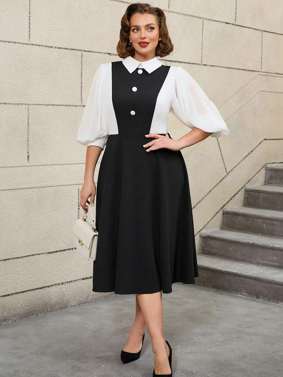 AOMEI Vintage Style Plus Size Dresses A Line Black White Color Block Lantern Sleeves Button Peter Pan Collar - Black - View 1