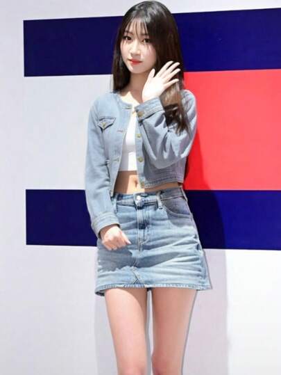 女士圆领牛仔夹克，春季复古休闲短款牛仔外套