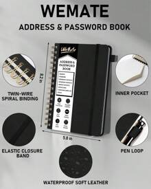 WEMATE Spiral Address Book With Alphabetical Tabs, Leather Password Book, Address Organizer Telephone Notebook Journal Keep Contact Safe Hardcover Large Print For Seniors Home Office 5.8″*8.2″ - 黑色 - 查看 6