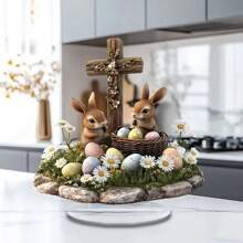 1pc Easter Bunny Art Decoration Boho Style With Colorful Easter Eggs, Daisies And Green Grass, Perfect For Office, Desktop Or Home Decoration, Ideal Gift For Easter Spring And Holiday Cafe Craft Decoration