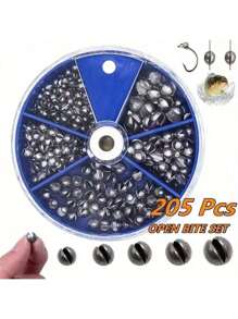 205 件/盒海钓配件，铅坠盒套装，开口铅坠，铅坠，海水钓鱼减震器