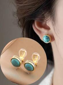 1 Pair Fashionable Crystal & Turquoise Round Clip On Earrings, Elegant Gift For Women, Suitable For Daily Wear