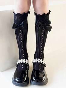 3 Pairs Girls Princess Lace Ruffle Knee High Socks With Bow, Children Mid-Calf Socks, Size 3-12Y
