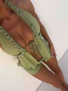 Women Summer Knitted 2 Piece Sets Casual Shorts Outfits Halter Neck Sleeveless Front Open Top And Shorts Set Vacation Beachwear - 綠色 - 查看 6