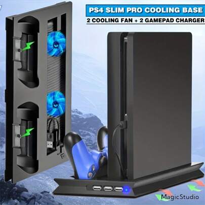 Compatible With Slim / Pro Vertical Cooling Stand Cooler & Dual Joystick USB Charging Station & 3 Extra HUB For Playstation 4 Slim Pro