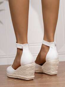 Giày đế xuồng đế xuồng tối giản cho nữ, mũi tròn bằng da nhân tạo, khóa kim loại rỗng, đế xuồng dệt màu trắng - trắng - Xem 3