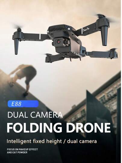 DroneE88PRO Drone con configuración de múltiples baterías, plegable y de cuatro ejes - Aeronave multirotor, equipada con cámaras duales de alta definición, evitación de obstáculos en los cuatro lados, conexión WIFI, control a través de aplicación móvil, función de un solo clic para regresar al punto de inicio. También es un helicóptero controlado a distancia. Este es un juguete/aeronave de control remoto tipo cuadricóptero apto para entretenimiento en interiores/exteriores.