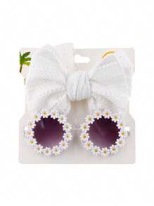 Kids Sunglasses Flower And Headbands For Baby Girls Toddler Sunglasses Sunflower Decor Anti-UV Sunglasses Matching Elastic Hollow Bow Hair Band For Boys Girls - 白色 - 查看 1