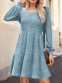 hoteel Womens Square Neck Long Sleeve Fall Dresses Casual Babydoll Sweater Dress - 天藍色 - 查看 1