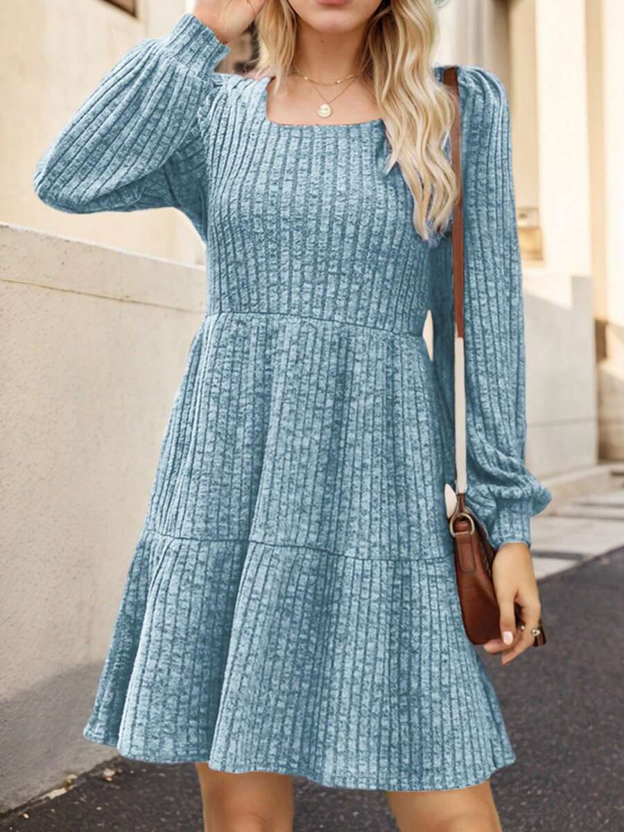 hoteel Womens Square Neck Long Sleeve Fall Dresses Casual Babydoll Sweater Dress - 天藍色 - 查看 1