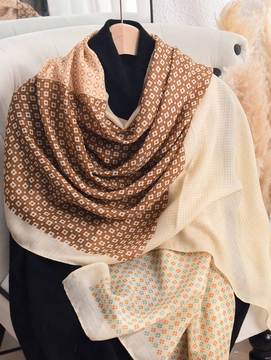 1pc Fashionable Casual Floral Print Scarf/Shawl, Lightweight All-Season Accessory, Ideal Gift For Mother/Elderly, Suitable For Spring/Summer - Khaki - View 1